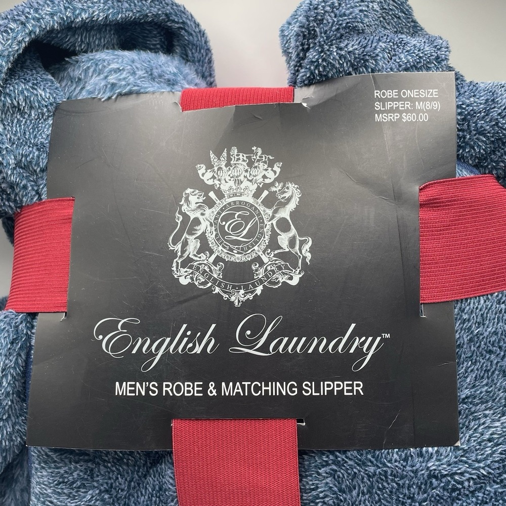 NEW English Laundry Robe & Matching Slipper (8/9 M) Set Mens One Size Dress Blue - Picture 4 of 5